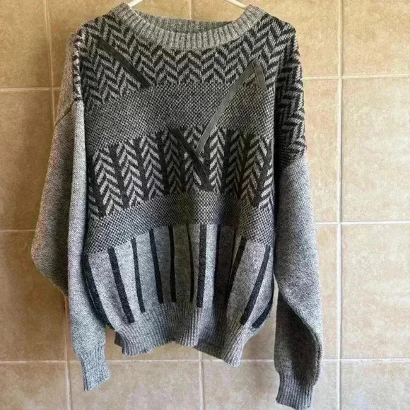 Vintage 80s Santana Sweater Grey Black Abstract Grandpacore Size Medium - Picture 1 of 10